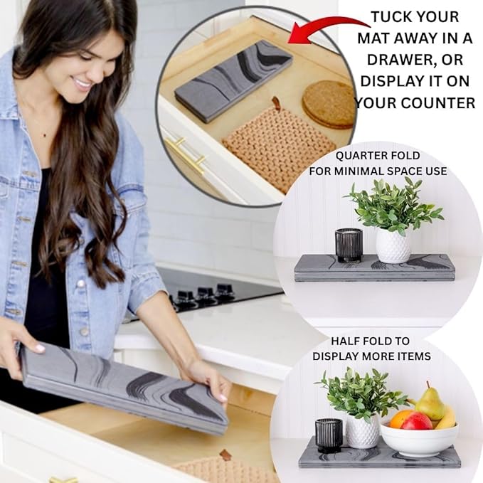 Large Stone Dish Drying Mat for Kitchen Counter | 23.5” L x 15.3” W Diatomaceous Earth Quick Drying Pad | Foldable & Super Absorbent Dish Drying Stone for Plates, Bottles & Utensils | Gray
