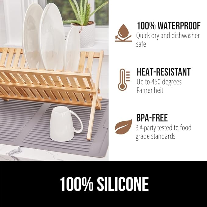 GORILLA GRIP 100% BPA-Free Patented Silicone Dish Drying Mat for Kitchen Counter, 18x24 Inch, Water Catching Ribbed Design, Easy Clean Waterproof Sink Liner, Heat Resistant, Fits Under Rack, Gray