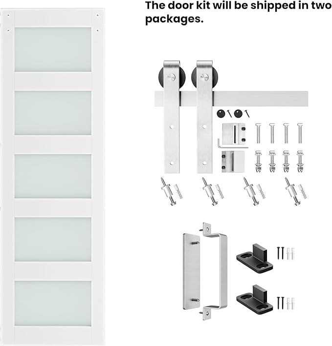 28'' x 84'' Glass Barn Door and 5 Ft Brushed Nickel Hardware Kit Included, MDF White Barn Door Slab with Frosted Glass, PVC Surface, Combined with Handle and Floor Guide-Assembly Required