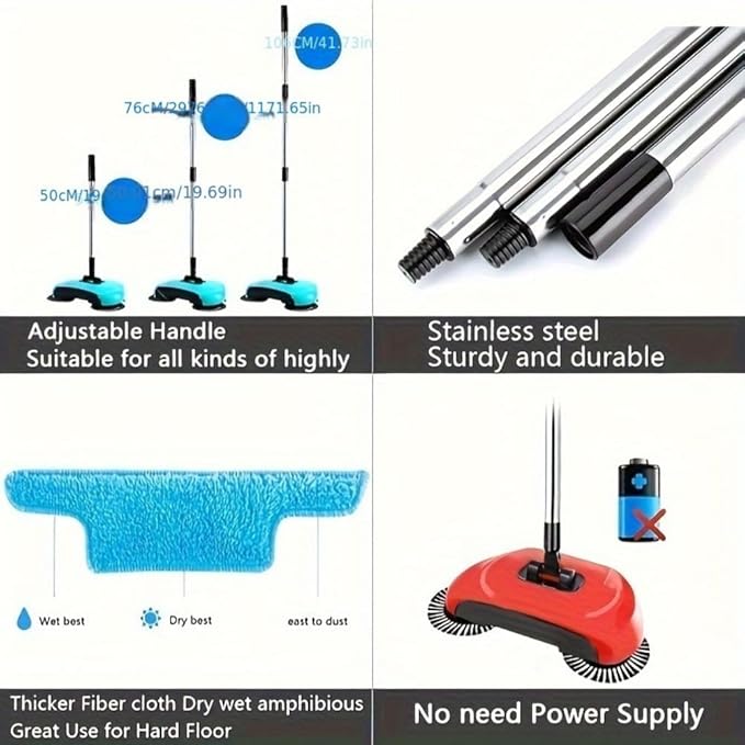 3 in 1 Carpet Sweeper, Manual Mini Hand Push Mop, 360° Rotating Floor Cleaner for Hardwood & Ceramic Tiles, Lazy Dustpan & Trash Bin, Compact Easy Cleaning Tool (Blue)