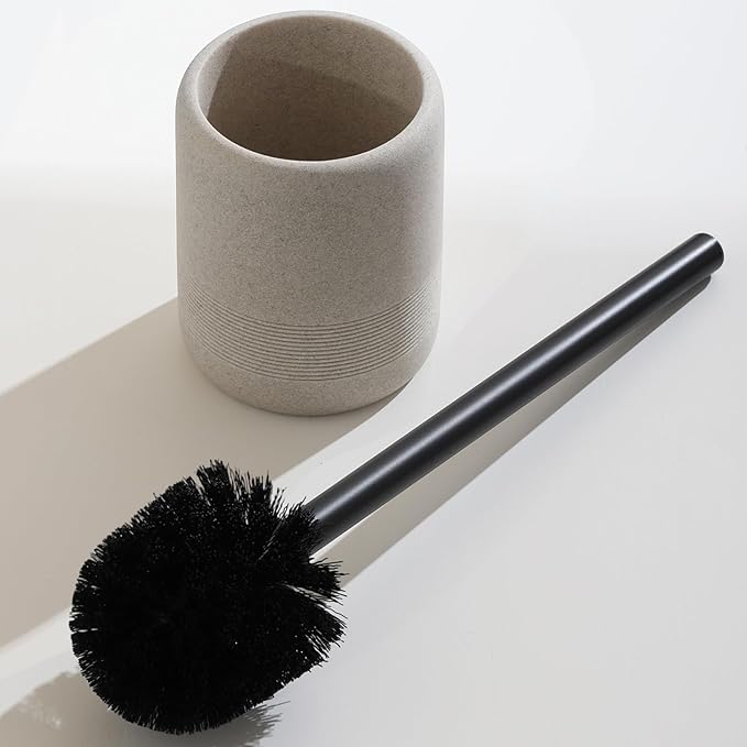 Toilet Brush and Holder Set, 2 PCS Decorative Toilet Bowl Brush and Holder Set Bathroom Aceessories Toilet Scrubber Brush Set with Heavy-Weight Resin Base with Long Handle (Beige)