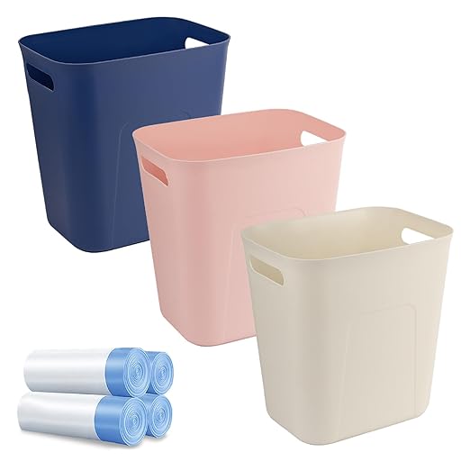 UUJOLY Small Bathroom Trash Can with Trash Bag Wastebasket Garbage Can for Bathrooms, Laundry Room, Kitchens, Offices, Kids Rooms, Dorms, 3.5 Gallons, 3 Pack (Pink+Blue+Beige)
