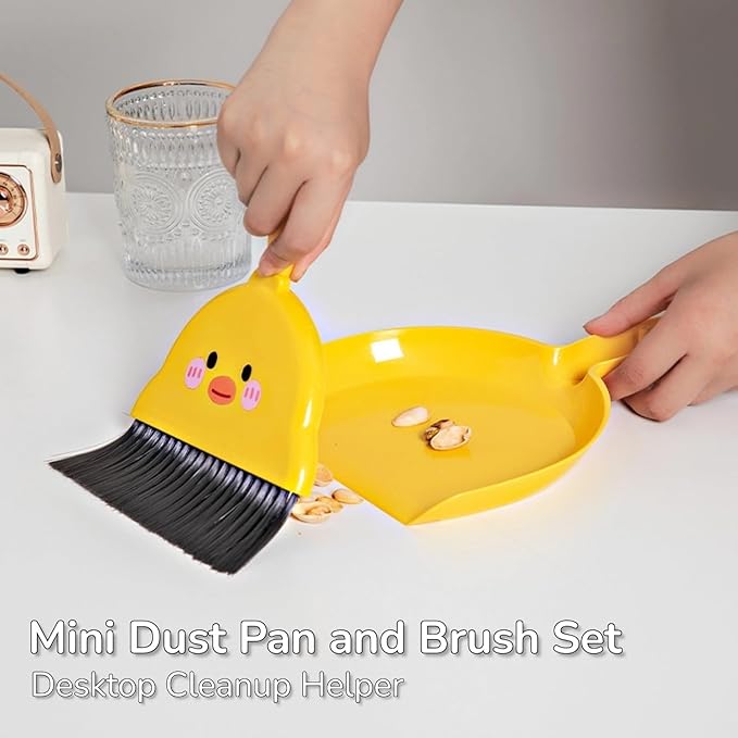 2 PCS Mini Brush and Dustpan Set Plastic Small Yellow Chick Pattern Broom Used for Desk Home Kitchen, Cage Cleaner for Small Animals, Guinea Pigs Hamsters Chinchillas Rabbits (Yellow Chick - 2pcs)