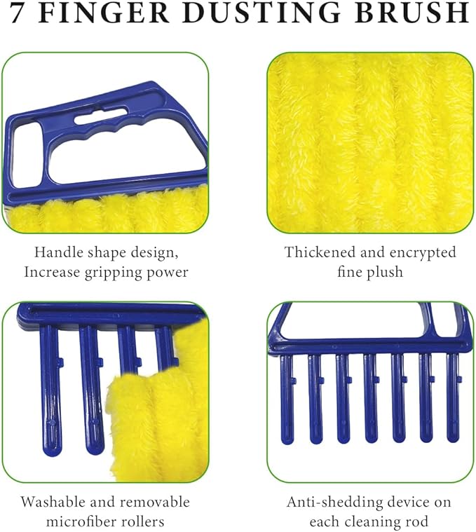 2 PCS Blind Cleaner Duster Tool, Window Venetian Hand-held 7 Finger Dusting Cleaner Brush, Blinds Cleaning Brush Tool for Window Shutters Air Conditioner, Car Accessories (Blue+Yellow)