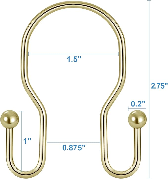 24 Pack Double Shower Curtain Hooks Rings, TENOVEL Double Sided Shower Curtain Hooks Rust Proof for Shower Curtain, Stainless Steel Bathroom Shower Hangers Rings for Shower Rods, Gold