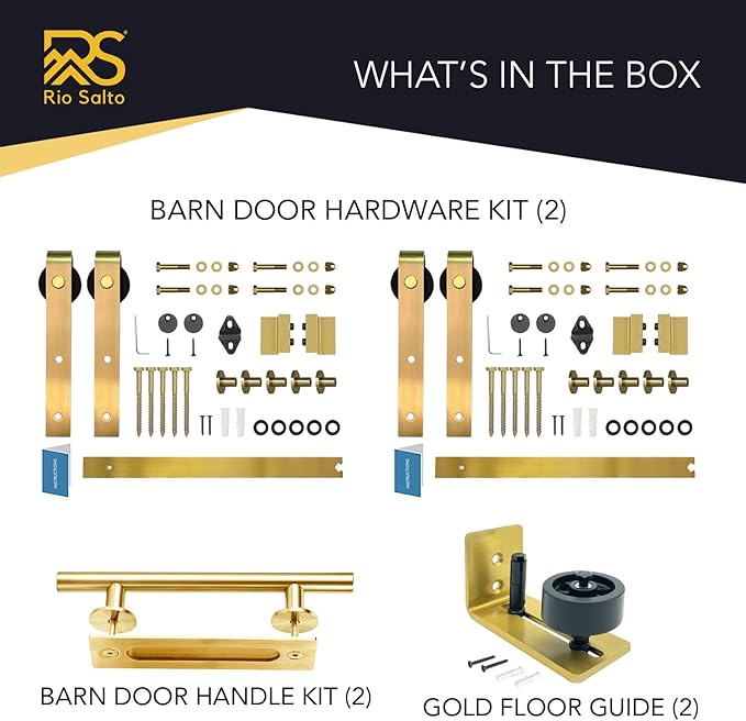 Rio Salto Gold Barn Door Hardware Kit Adjustable Length 98" Sliding Door Hardware Modern Barn Interior Brushed Brass Panel Hardware (Hardware Kit Plus, 8ft 2in - Double Door)