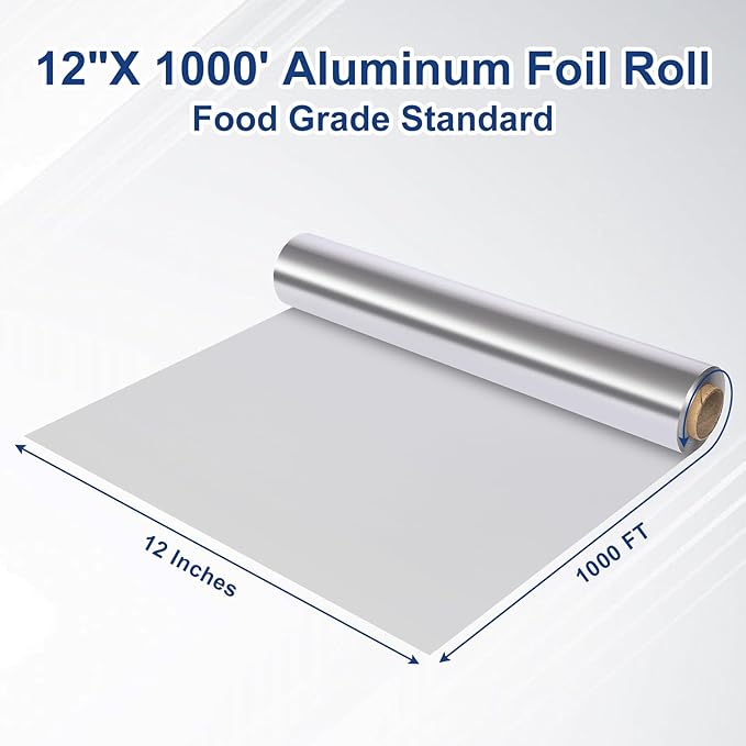 Aluminum Foil Standard 12 inch Wide, 1000 FT Food Safe Foil Wrap for Cooking, Baking, Grilling, Food Service Pony Packaging Aluminum Foil Roll (12"x1000', Standard-1 Count)