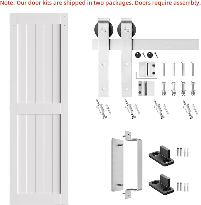 SmartStandard 26 x 84 inch White Sliding MDF Barn Door with 5FT Brushed Nickel Sliding Door Hardware Kit & Handle, Pre-Drilled Ready to Assemble, Waterproof PVC Coating, H-Frame