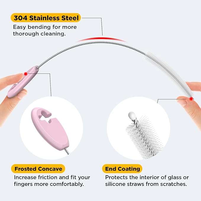Baby Straw Brush Set, 4 Piece Cleaner Kit with Standable Key Ring, for Sippy Cups, Weighted Straw Cups & Baby Bottles – Designed for 0–24 Months, Pink