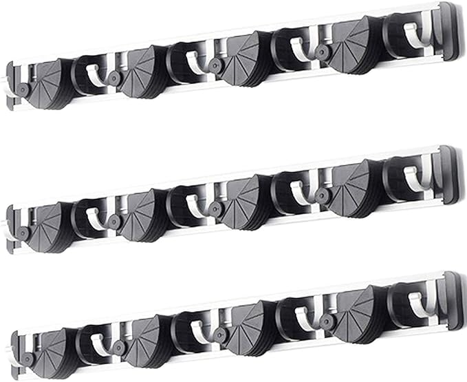 HUJI Wall Mount Broom Clamp Holder 4 Positions Grip Organizer & 5 Hooks Rack Home Kitchen Garage Mop tools Storage Organization System (3, 4 Position Grip Clamp Holder)