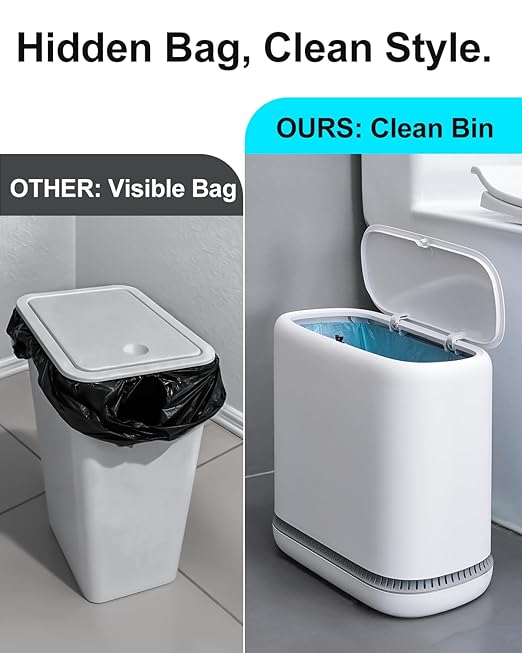 3 Gallon Slim Small Bathroom Trash Can with Lid, White Dog Proof Garbage Can with Air-Press Bag Expander & Removable Bucket, Narrow Bathroom Waste Basket for Bedroom, Office, Dorm
