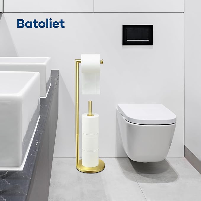 Toilet Paper Holder Stand,Toilet Paper Holder Free Standing,Toilet Paper Roll Holder for 4 Rolls,Gold Bathroom Toilet Paper with Storage…