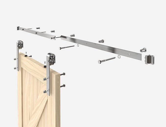 6.6FT Colorful Sliding Barn Door Hardware Track Kit, Brushed Nickel Roller Kit for 1 Door, J Shape(No Door) (6.6 FT-J Shape-Brushed Nickel)