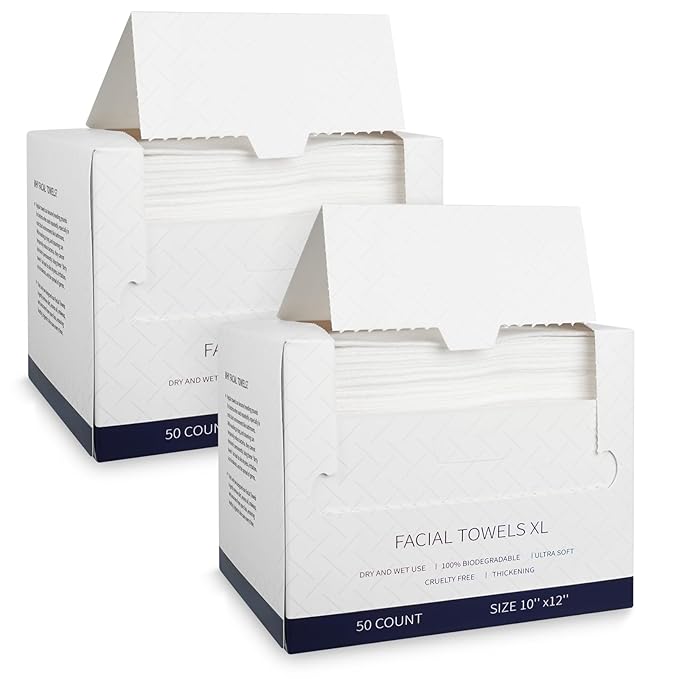 KODAMO Disposable Face Towels – 2 Pack (100 Count) – Ultra Soft & Thick Biodegradable Makeup Remover Cloths – Lint-Free Facial Cleansing Cloths in Paper Box
