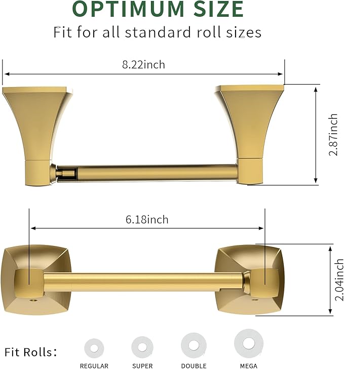 Toilet Paper Holder Wall Mount Brushed Gold Double Post Pivoting Tissue Roll Holder Stainless Steel and Zinc Alloy for Bathroom RV Commercial