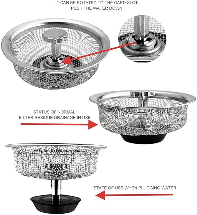 Kitchen Sink Strainer with Handle and Stopper Replacement Kitchen Sink Drain Basket/Stopper/Plug 3.3 Inch Stainless Steel Kitchen Sink Drain Strainer Mesh Sifter Filter(‎Silver)