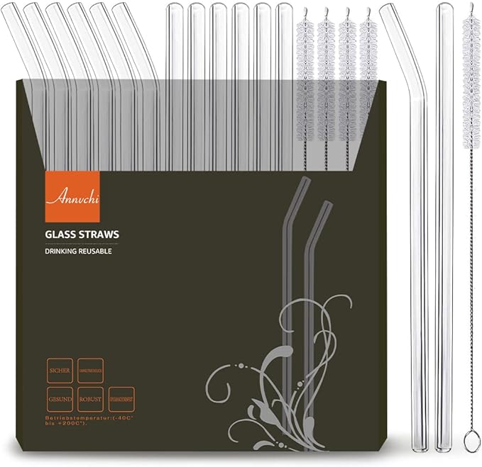 16 Pack Reusable Glass Straws,Set of 6 Straight and 6 Bent with 4 Cleaning Brush,Perfect for Smoothies,Tea, Juice, Milkshakes(8.5''x10 MM)