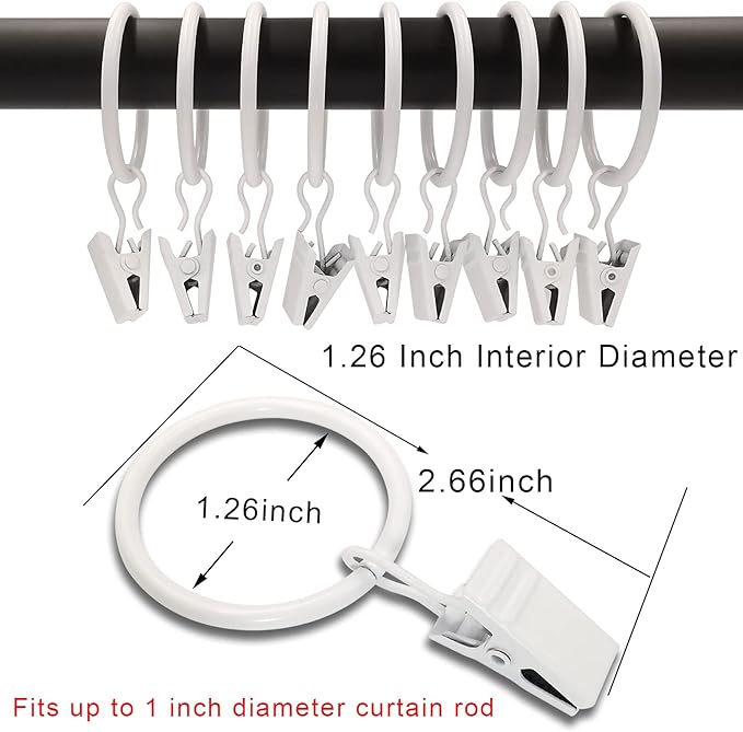 100 Pack Curtain Rings with Clips, Drapery Clips with Rings, Drapes Rings 1.26 in Interior Diameter, Fits up to 1 Inch Curtain Rod, White