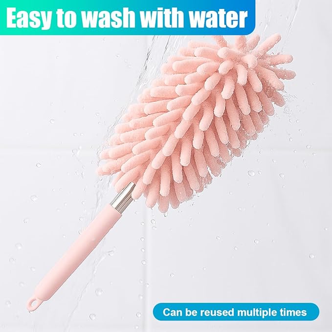 2PCS Car Interior Duster with Extension Pole – Washable Microfiber Dusters Detailing Brushes with Bendable Head, Long Handle Cleaning Duster Tool for Car Dash, Vents, Window, Furniture, Office (Pink)
