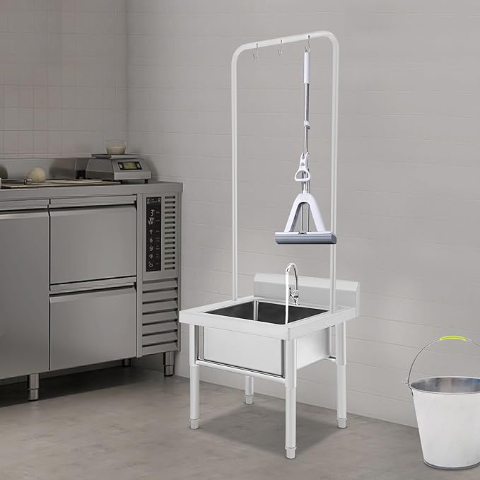Stainless Steel Floor Mop Sink, Freestanding Mop Sink with Faucet & Cleaning Tool Rack, Commercial Floor Sinks Utility Mop Basin, Anti-Splash Design, for Kitchen Laundry Room Garage and Restaurant Use