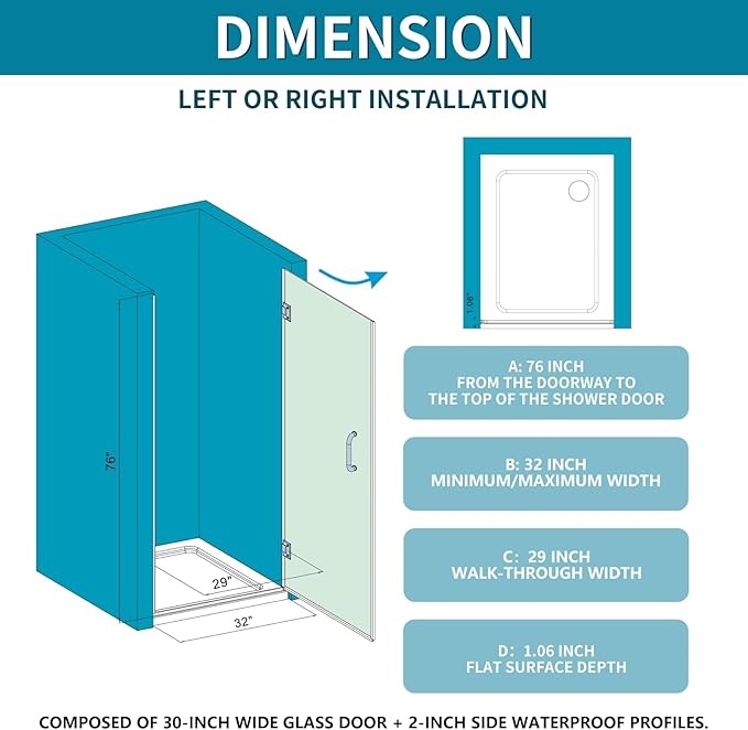 Hinged Shower Door, 32" W x 76" H Single Swing Pivot Framelss Shower Door, 3/8" (10mm) Tempered Glass with Nano Coating, Stainless Handle, Glass Door for Walk-in Shower - Brushed Gold