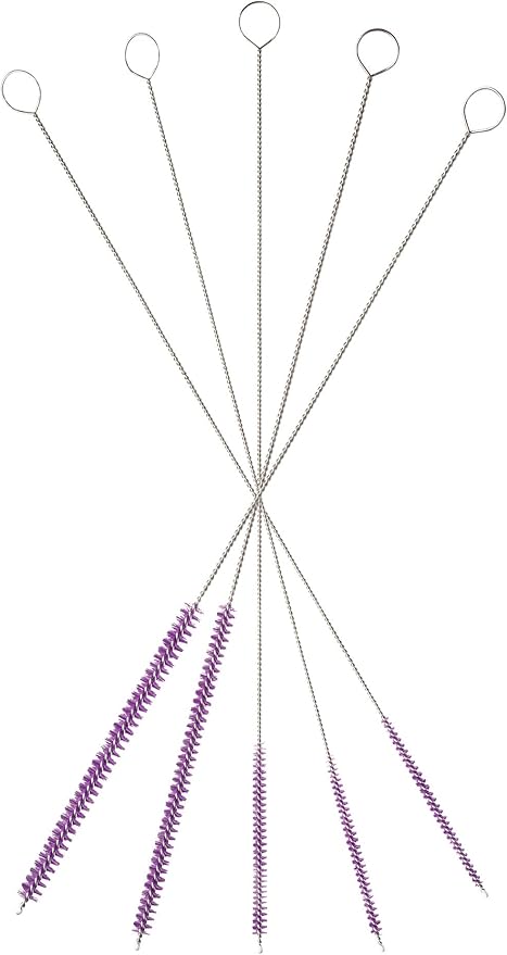 10" Tube Cleaning Brush Set, 5 Pack Small, Extra Long Nylon Straw Brushes with Flexible Handles for Bottles, Cleaning Straws, Pipe Cleaners, Keyboard, Glass, Guns, Detailing and Deep Cleaning, Purple
