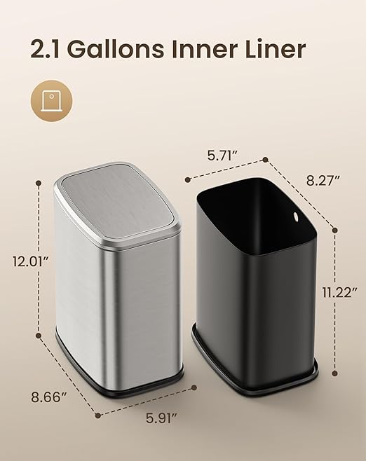 Cesun Small Bathroom Trash Can with Swing-Top Lid,8L/2.1 Gallon Stainless Steel Garbage Can with Removable Inner Bucket, Slim Waste Basket for Home, Office, Toilet, Bedroom, Living-Room (Silver)