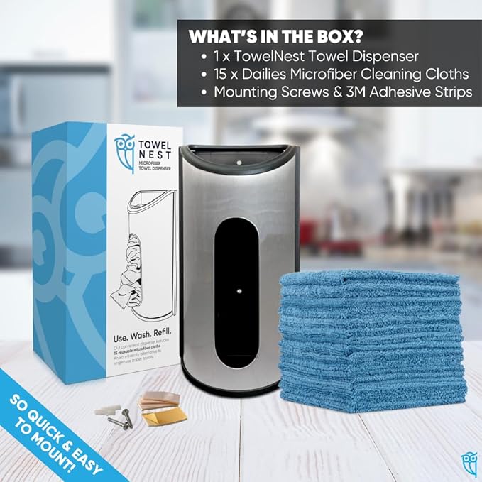 TowelNest Microfiber Cloth Dispenser | 15 Reusable Cloths (Black) | Eco-Friendly Paper Towel Alternative | Absorbent & Washable | Wall/Cabinet Mount (3M Adhesive & Screws Included)