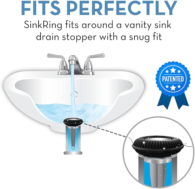 Bathroom Sink Hair Catcher for Pop-Up Drain – SinkRing 1.57" Precision Strainer for Bathroom Sink Drains | Clog-Free Hair Trap for Contacts, Earrings, Jewelry | No Suction or Screws – Black