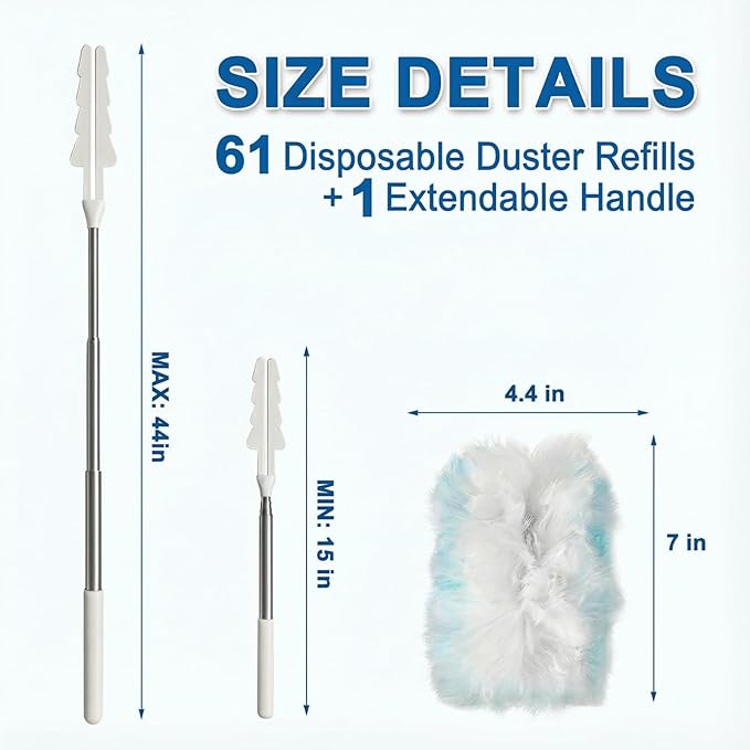 61 Pack Heavy Duty Duster Refills with Extendable Handle, Disposable Duster Refills for Corner, Blinds & Ceiling Fans, Compatible with Most Handles