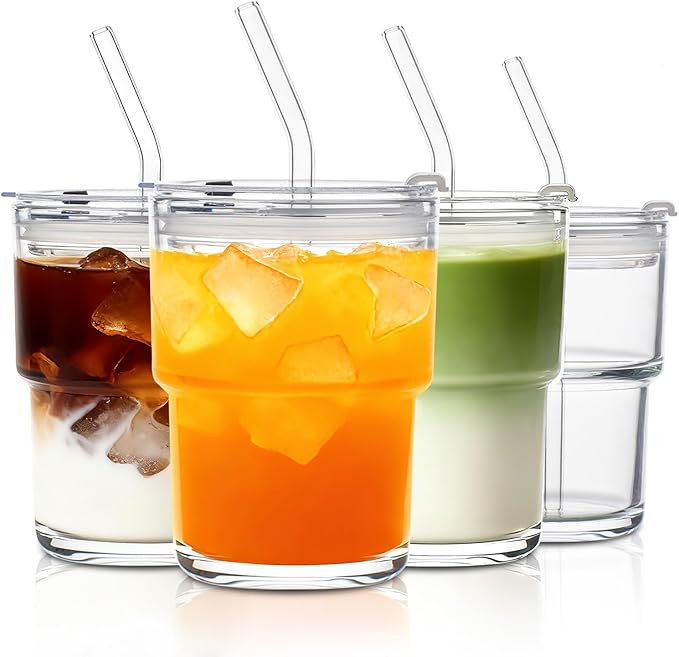 13oz Glass Tumbler with Lid and Glass Straw Set of 4 – Thick-Walled Iced Coffee Cup, Reusable Clear Glass Cup for Water, Iced Tea, Coffee, Juice, Perfect for On-the-Go & Daily Use