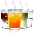 13oz Glass Tumbler with Lid and Glass Straw Set of 4 – Thick-Walled Iced Coffee Cup, Reusable Clear Glass Cup for Water, Iced Tea, Coffee, Juice, Perfect for On-the-Go & Daily Use