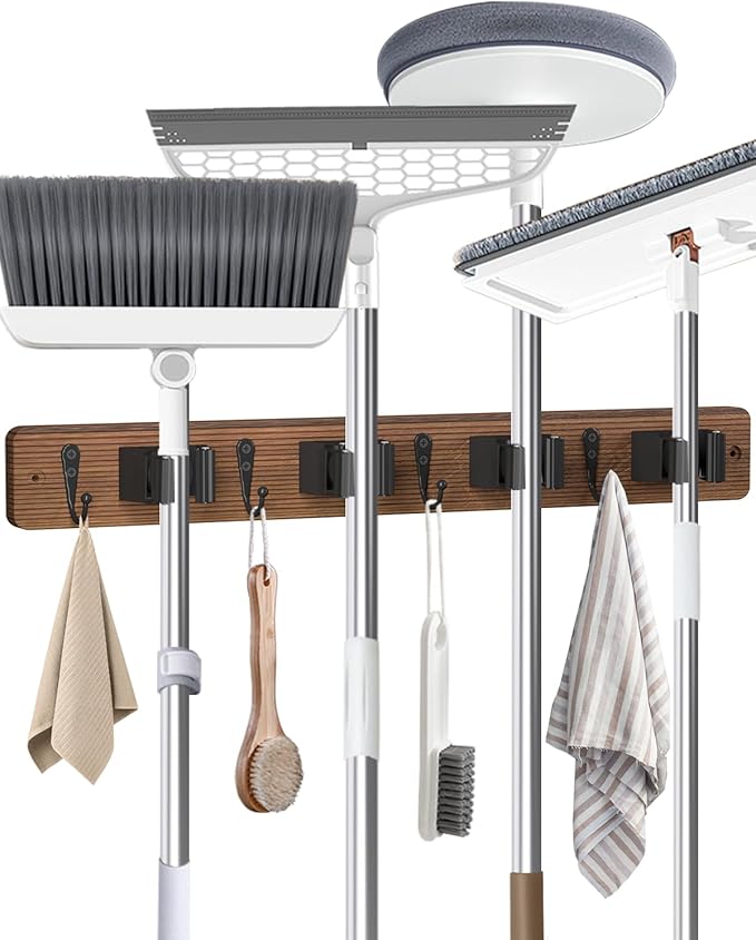 Broom Holder Wall Mounted, 4 Holders and 4 Hooks Mop Holder, Wooden Mop and Broom Holder with Anti slip rubber, Natural pine wood Brush Holder, Mop Wall Holde with Nail installation, Room Storage