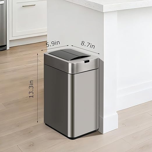 Sensor Trash Can with Butterfly Lid 2.6 Gallon Rectangular Automatic Garbage Can, Stainless Steel Trash Bin, Slim Waterproof Wastebaskets with Lid Soft Close for Under Counter, Silver