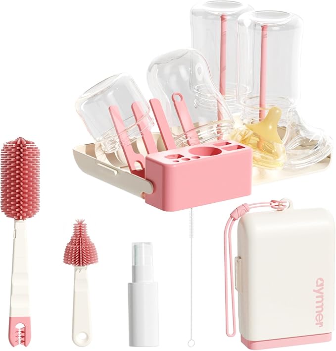 Baby Bottle Brush, 10 in 1 Travel Baby Bottle Cleaner Brush Set with Silicone Brush, Nipple Brush, Straw Brush, Soap Dispenser, Portable Drying Rack, Breast Pump & Bottle Cleaning Kit - Coral Pink