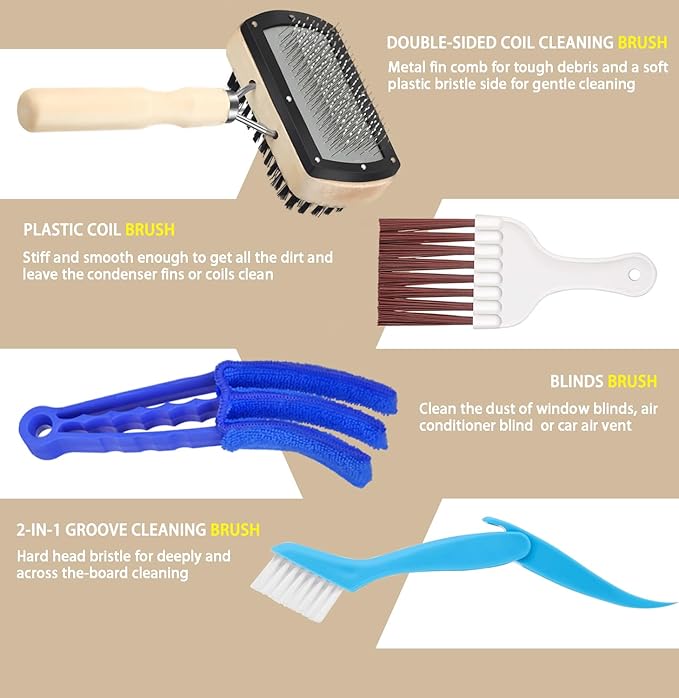 4 Piece AC Cleaning Tool Kit, Includes 1 Dual-Sided Condenser Evaporator Coil Cleaner Brush and 3 Microfiber Cleaning Brushes, Perfect for Air AC, Vent, Refrigerator, Radiator, Repair, and Cleaning