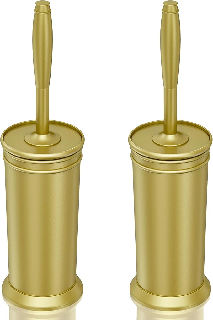 UPTRONIC Toilet Brush, Aluminum Alloy Toilet Brush and Holder Set with Long Handle Durable Bristles Toilet Bowl Brush and Covered Holder for Toilet Scrubber for Bathroom Cleaning (2, Gold)