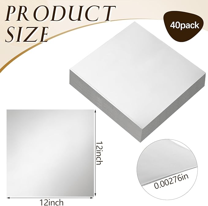 40 Packs Aluminum Metal Crafts DIY Foil 12 Inch x 12 Inch x 0.07 mm Thick for Art Project Aluminum Flashing Roll Wide Sheet Multipurpose Metal Sheets(Silver)