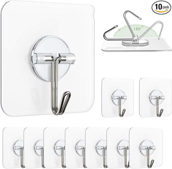 Wall Hooks for Hanging, Clear Removable Window Hooks 13 lb Stainless Steel Stick on Hooks Waterproof Self Adhesive Hooks for Shower Door Ceiling Kitchen Cabinet 10 Pack