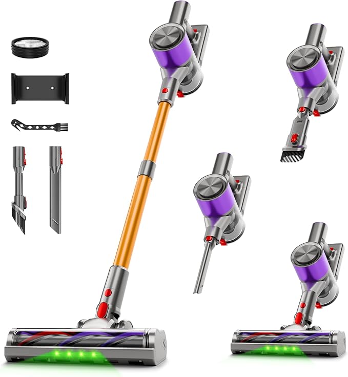 Cordless Stick Vacuum Cleaner, 38Kpa Powerful Suction Vacuum Cleaner with LED Headlight, Detachable Battery, 8-in-1 Lightweight Handheld Vacuums for Pet Hair Carpet and Hardwood Floor, Purple