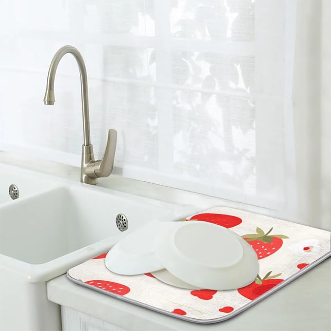 Dish Drying Mat for Kitchen Absorbent Drying Mat Reversible Dish Drying Pad Dish Drying Mats for Kitchen Counter Utensils Pots Water Cup Pink Strawberry