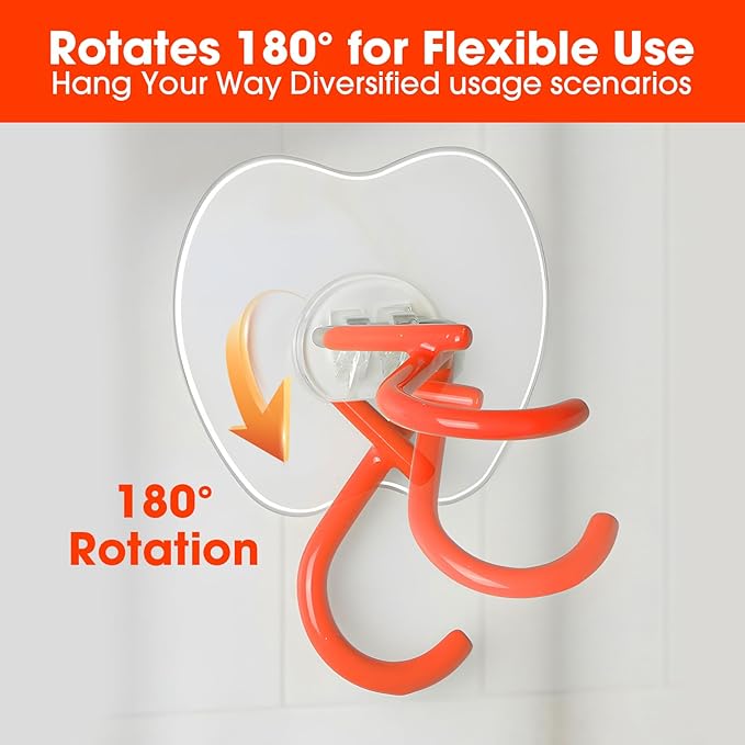 No Drill Large Adhesive Wall Hooks,Broom Holder for Wall,Heavy Duty Mop Hooks with Extra Adhesive Pad,75LB Load Capacity,3.35x2.95in Adhesive Pad for Garage Kitchen Bathroom Organization (2, Orange)
