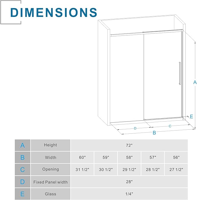 Semi-Frameless Shower Door 60" W x 72" H, 1/4" Clear Tempered Glass, Sliding Design, Reversible Installation, Matte Black Finish, Space-Saving Glass Shower Door for Small Bathrooms