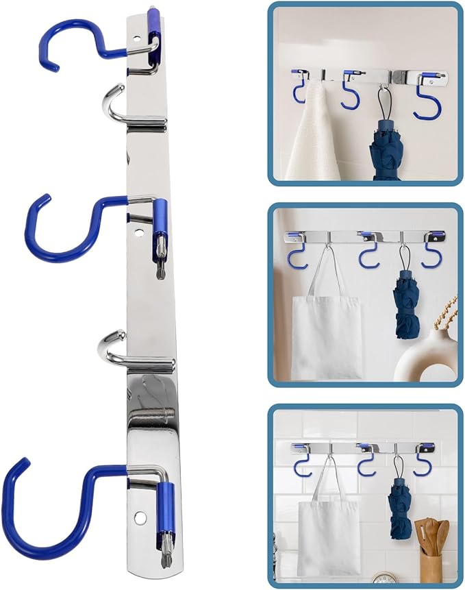 BESPORTBLE Stainless Steel Wall-Mounted Mop Holder and Multi-Function Storage Rack with 3 Mop Slots and 2 Hooks, No Drilling Installation for Bathroom, Kitchen, and Laundry Organization