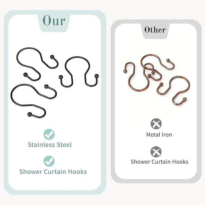Goowin Shower Curtain Hooks, 12 Pcs Shower Curtain Rings, Stainless Steel Shower Curtain Hangers, Black Shower Curtain Hooks Rings Rust Proof, Minimalist Shower Hooks for Shower Curtain, Black