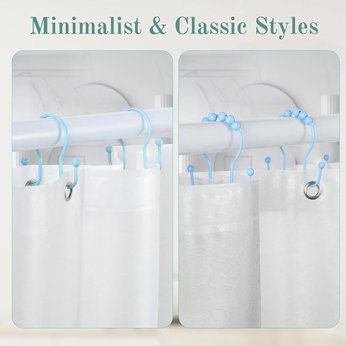 Goowin Shower Curtain Hooks, 12 Pcs Shower Curtain Rings, Stainless Steel Shower Curtain Hangers, Metal Shower Curtain Hooks Rings Rust Proof, Minimalist Shower Hooks for Shower Curtain, Blue