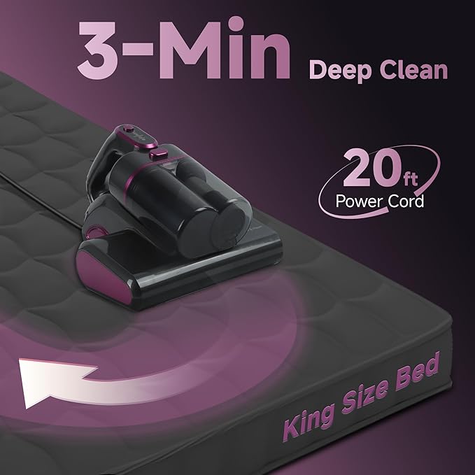 Mattress Bed Vacuum Cleaner 16Kpa Strong Suction, 20ft Corded Couch Cleaner with 253.7nm UV-C Light,Ultrasonic, Deep Cleaning Handheld Vacuum for Dust, Pets Hair (Grey, 600W)