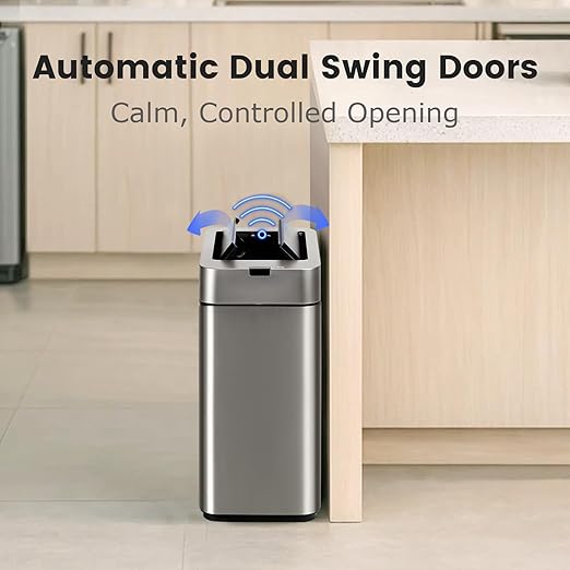 Sensor Trash Can with Butterfly Lid 2.6 Gallon Rectangular Automatic Garbage Can, Stainless Steel Trash Bin, Slim Waterproof Wastebaskets with Lid Soft Close for Under Counter, Silver