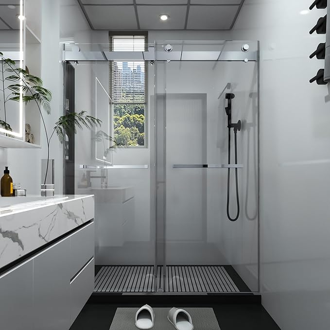 Shower Door 56–60 in W x 76 in H, 3/8" Tempered Glass Double Sliding Shower Door, Frameless Chrome, Exquisite Rolling Track Design, Reversible Installation for Modern Bathroom