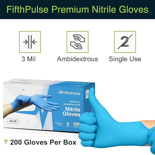 FifthPulse Blue Nitrile Disposable Gloves Medium, 200 Count - Latex Free Medical, Dental and Surgical Grade - Powder Free Rubber Gloves